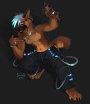 anthro blue_hair bottomwear canid canine canis chain clothed clothing crouching domestic_dog german_shepherd gesture hair herding_dog hi_res looking_at_viewer male mammal middle_finger one_eye_closed open_mouth pants pastoral_dog piercing pose ring solo sowod tongue tongue_out topless 