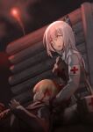  2girls absurdres bag blood blood_on_face covered_eyes eyebrows_visible_through_hair girls_frontline hair_ribbon hand_on_another&#039;s_shoulder highres long_hair looking_at_viewer lying lying_on_person macayase medic military military_uniform mosin-nagant_(girls_frontline) multiple_girls on_back open_mouth orange_hair pink_eyes ribbon silver_hair tagme tokarev_(girls_frontline) uniform 