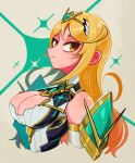  1girl blonde_hair breasts brown_background chest_jewel cleavage cropped_torso from_side headpiece highres iccoco long_hair medium_breasts mythra_(xenoblade) smile solo tiara upper_body xenoblade_chronicles_(series) xenoblade_chronicles_2 yellow_eyes 