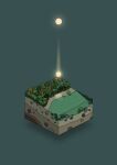  aqua_background beach commentary diorama falling_star forest full_moon gozz highres isometric moon nature night no_humans ocean original rock tree 