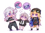  3girls ahoge bangs blonde_hair blush_stickers braid breasts chibi duplicate expressionless girls_frontline grey_hair long_hair m200_(girls_frontline) medium_breasts medium_hair mole mole_under_eye multiple_girls open_mouth purple_eyes shark sharp_teeth shuzi sidelocks sl8_(girls_frontline) teeth vhs_(girls_frontline) wavy_mouth 