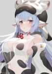  1girl animal_ears animal_print bangs bikini blue_hair blush breasts brown_eyes chestnut_mouth cleavage commentary cow_ears cow_hat cow_horns cow_print detached_sleeves ear_piercing eyebrows_visible_through_hair fake_animal_ears fake_horns granblue_fantasy grey_background horns large_breasts long_hair long_sleeves looking_at_viewer narusegawa_riko navel parted_lips piercing print_bikini print_sleeves see-through shatola_(granblue_fantasy) simple_background solo swimsuit thick_eyebrows twitter_username upper_body very_long_hair white_bikini wide_sleeves 