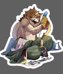  1boy absurdres animal_ears bara bare_pecs beige_fur brown_hair crossed_legs facial_hair fang full_body furry goatee green_kimono hadanugi_dousa hair_between_eyes highres japanese_clothes kimono male_focus mature_male paws relax_lion short_hair solo stomach sweatdrop tail temujin_(tokyo_houkago_summoners) tokyo_houkago_summoners toned toned_male wolf_boy wolf_ears wolf_tail 