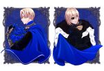  1boy bangs black_jacket blonde_hair blue_cape blue_eyes blue_flower blue_rose cape capri_(blaue0514) closed_eyes commentary_request cup dimitri_alexandre_blaiddyd eyepatch fire_emblem fire_emblem:_three_houses flower from_side fur-trimmed_cape fur_trim garreg_mach_monastery_uniform hair_between_eyes highres holding holding_cup holding_flower jacket male_focus multiple_views profile rose short_hair teacup upper_body vambraces white_background 