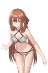  1girl bare_legs bare_shoulders bikini breasts cleavage closed_mouth collarbone eyebrows_visible_through_hair girls_frontline green_eyes hair_ornament hair_ribbon highres legs long_hair looking_at_viewer m1903_springfield_(girls_frontline) macayase medium_breasts navel orange_hair ribbon smile solo standing swimsuit white_background white_bikini 