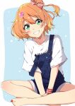  1girl bangs barefoot blush bow crossed_legs freyja_wion graphic_shirt green_eyes hair_between_eyes hair_bow hair_ornament heart heart_hair_ornament hitotsuki_nanoka macross macross_delta orange_hair overalls pink_bow shirt short_hair side_ponytail sitting smile solo t-shirt white_shirt 