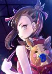  &gt;_&lt; 1girl alternate_eye_color asymmetrical_bangs backpack bag bangs berry_(pokemon) black_hair blue_eyes commentary dress earrings eating food fruit gen_8_pokemon hair_ribbon highres holding holding_food holding_fruit holding_strap in_bag in_container jewelry konna-nani looking_at_viewer looking_back marnie_(pokemon) medium_hair morpeko morpeko_(full) night parted_lips pink_dress pokemon pokemon_(creature) pokemon_(game) pokemon_swsh red_bag red_ribbon ribbon sky sleeveless sleeveless_dress star_(sky) starry_sky twintails undercut upper_body 