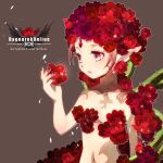  1girl brown_background commentary_request copyright_name entweihen_crothen flower gem german_text holding holding_flower humanization monster_girl nip_sakazuki nude open_mouth pink_eyes pink_hair plant_girl pointy_ears ragnarok_online red_flower rose short_hair solo sparkle thorns translation_request upper_body 