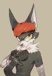  anthro beret biped black_body black_fur black_gloves black_nose canid canine canis clothing digital_media_(artwork) frown fur gloves grey_background handwear hat headgear headwear hi_res holding_object holding_weapon itaslow jackal jackal_squad male mammal melee_weapon red_clothing red_hat red_headwear simple_background solo sonic_forces sonic_the_hedgehog_(series) standing weapon white_body white_fur wraps yellow_eyes 