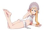  1girl :o abigail_williams_(fate) abigail_williams_(swimsuit_foreigner)_(fate) arm_support ass bangs barefoot bikini bikini_skirt blonde_hair blue_eyes bonnet bow braid crossed_ankles fate/grand_order fate_(series) feet feet_up forehead frilled_bikini frills full_body highres keyhole legs long_hair looking_at_viewer looking_back lying matoi92 microskirt on_stomach parted_bangs simple_background skirt soles solo swimsuit toes very_long_hair white_background white_bikini white_bow white_headwear 