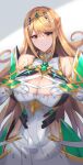  1girl absurdres baketsu bangs bare_shoulders blonde_hair breasts chest_jewel cleavage cleavage_cutout clothing_cutout double_v dress earrings elbow_gloves eyebrows_visible_through_hair gloves highres jewelry large_breasts long_hair looking_at_viewer mythra_(xenoblade) solo swept_bangs tiara v white_dress white_gloves xenoblade_chronicles_(series) xenoblade_chronicles_2 yellow_eyes 
