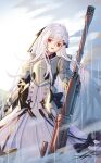  1girl adapted_costume armor armored_dress gauntlets girls_frontline grey_hair highres iws-2000_(girls_frontline) knight long_hair red_eyes solo unitaka very_long_hair white_hair 