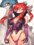  1girl breasts cameltoe covered_nipples curvy fumio_(rsqkr) gen_1_pokemon glasses highres lapras large_breasts long_hair looking_at_viewer lorelei_(pokemon) poke_ball pokemon pokemon_(game) pokemon_rse red_eyes red_hair thick_thighs thighs wide_hips 