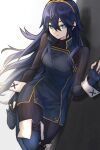  1girl bangs black_sweater blue_eyes blue_hair boots fire_emblem fire_emblem_awakening hair_between_eyes leaning_to_the_side leg_up long_hair long_sleeves looking_at_viewer lucina_(fire_emblem) pants parted_lips solo sweater thigh_boots thighhighs tiara turtleneck turtleneck_sweater user_ywpd8853 very_long_hair wall wrist_cuffs 