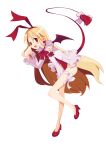  1girl absurdres blonde_hair blush bow breasts demon_wings disgaea flat_chest flonne flonne_(fallen_angel) full_body hairband highres leotard long_hair makai_senki_disgaea open_mouth pointy_ears red_bow red_eyes red_footwear red_hairband red_leotard ribbon smile solo standing standing_on_one_leg tail tail_ornament tail_ribbon thigh_ribbon tyasuzu wings 
