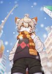  :&lt; absurd_res accessory ahoge anthro biped blonde_hair bottomwear building city clothed clothing day detailed_background dipstick_ears domestic_cat feather_in_hair feathers felid feline felis front_view fully_clothed fur hair hair_accessory hi_res kemono looking_at_viewer low-angle_view male mammal monotone_hair multicolored_body multicolored_ears multicolored_fur orange_body orange_fur outside portrait scarf shirt short_hair shorts sky snow snowing solo ssssssssss3000 standing three-quarter_portrait topwear two_tone_body two_tone_ears two_tone_fur vest white_body white_clothing white_fur white_shirt white_topwear yellow_eyes 