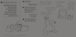  anthro black_text buckteeth butt clothed clothing english_text fur grey_background hair hi_res lagomorph leporid lying mammal monochrome nude on_front open_mouth rabbit simple_background solo speech_bubble teeth text tyroo 