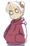  2021 anthro blonde_hair clothing dandi dandi_(character) frown giant_panda hair hands_in_pockets hoodie male mammal pockets red_clothing simple_background topwear ursid 