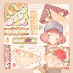  1girl bag bangs baseball_cap blunt_bangs brown_hair english_text food fruit_sandwich grey_eyes hand_up hat long_sleeves one_eye_closed original ryokuno_green sandwich short_hair shoulder_bag solo sparkle tomato upper_body vegetable 