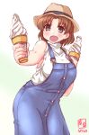  1girl alternate_costume blush breasts brown_eyes brown_hair chiyoda_(kancolle) food hat highres ice_cream kanon_(kurogane_knights) kantai_collection large_breasts long_skirt open_mouth shirt signature simple_background skirt sleeveless soft_serve white_shirt 