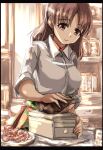  1girl blouse bonito box breasts brown_eyes brown_hair chiyoda_(kancolle) food hakama_skirt highres holding holding_food kantai_collection katsuobushi kitchen large_breasts looking_at_object medium_hair seitei_(04seitei) signature smile 