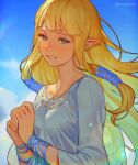  1girl bangle blonde_hair blue_sky blush bracelet breasts closed_mouth cloud cloudy_sky commentary day dress grin hair_tubes hands_together happy_tears jewelry long_hair looking_at_viewer medium_breasts mimme_(haenakk7) outdoors pointy_ears princess_zelda sidelocks sky smile solo straight_hair tears the_legend_of_zelda the_legend_of_zelda:_skyward_sword triforce twitter_username upper_body white_dress wind 