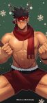  1boy abs alternate_costume antlers bandaid bandaid_on_cheek bara black_hair blush bulge christmas cowboy_shot erection erection_under_clothes f_jun facial_hair fur-trimmed_legwear fur_trim gan_ning headband highres large_pectorals looking_at_viewer male_focus mature_male merry_christmas muscular muscular_male navel nipples red_scarf red_shorts reindeer_antlers scar scar_on_face scar_on_nose scarf shin_sangoku_musou shirtless short_hair shorts sideburns snowflakes solo spread_legs stomach stubble thick_thighs thighs 