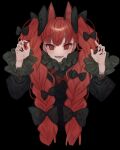  1girl animal_ears bangs black_background black_bow bow braid cat_ears extra_ears fingernails frilled_sleeves frills hair_bow highres kaenbyou_rin long_fingernails long_hair long_sleeves marimo_tarou multiple_bows nail_polish nekomata open_mouth red_bow red_eyes red_hair red_nails solo touhou twin_braids upper_body 