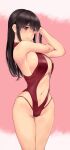  1girl akagi_(kancolle) breasts brown_eyes brown_hair cleavage cowboy_shot highres holding holding_hair kantai_collection large_breasts long_hair looking_at_viewer navel red_swimsuit solo standing straight_hair swimsuit wa_(genryusui) 