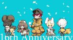 2girls 3boys animal animal_ears anniversary axe bangs baphomet_jr bare_pecs belt black_belt black_bow black_eyes black_gloves black_hair black_headwear black_jacket black_neckwear black_pants blonde_hair blue_background blue_eyes blue_pants blush bob_cut boots bow brown_belt brown_cape brown_dress brown_footwear brown_hair bunny bunny_ears cape cat_ears chibi closed_eyes closed_mouth commentary_request confetti creator_(ragnarok_online) crop_top demon desert_wolf_(ragnarok_online) dress eddga eyebrows_visible_through_hair eyes_visible_through_hair fake_animal_ears fingerless_gloves flat_cap fox fox_mask frilled_dress frills full_body fur-trimmed_footwear fur-trimmed_pants gauntlets genetic_(ragnarok_online) gloves goat goat_horns hair_between_eyes hair_over_one_eye hairband hat holding holding_animal holding_axe holding_bunny holding_scythe horns jacket kitsune kusabi_(aighe) large_bow living_clothes long_hair long_sleeves looking_at_viewer lunatic_(ragnarok_online) mask mechanic_(ragnarok_online) multiple_boys multiple_girls necktie nine_tail_(ragnarok_online) official_alternate_costume open_clothes open_mouth open_shirt pants pipe pouch ragnarok_online red_cape red_eyes scythe shirt shoes short_dress short_hair simple_background smile smoking strapless strapless_dress suspenders teeth tiger torn_clothes torn_shirt twintails wanderer_(ragnarok_online) white_dress white_hair white_shirt whitesmith_(ragnarok_online) wide_sleeves wolf yellow_hairband 