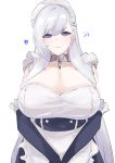  1girl absurdres azur_lane bangs belfast_(azur_lane) breasts chain choker cleavage detached_sleeves eyebrows_visible_through_hair heart highres huge_breasts large_breasts long_hair maid maid_headdress purple_eyes silver_hair simple_background sleeveless slept_(re_mix) solo upper_body white_background 