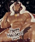  1boy abs ass bara bare_pecs beard black_collar black_hair christmas collar dark_skin dark_skinned_male demon_boy demon_horns earrings english_text facial_hair feet_out_of_frame fur-trimmed_jacket fur_trim highres horns jacket jewelry large_pectorals male_focus mature_male muscular muscular_male navel navel_hair nipple_piercing nipple_rings nipples nude open_clothes open_jacket original penis piercing red_eyes ruisselait santa_costume short_hair sideburns smile snowing solo spiked_hair spread_legs stomach tail text_censor thick_thighs thighs 