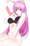  1girl animal_ears ass bangs bottomless bra bunny_ears commentary eyebrows_visible_through_hair hand_on_breast highres kuropan122 long_hair looking_at_viewer navel no_panties open_mouth purple_hair red_eyes reisen_udongein_inaba solo tagme toned touhou underwear 
