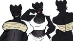  16:9 anthro athletic athletic_female big_breasts black_body black_fur breasts cleavage clothed clothing felid female fur goonie-san group looking_at_viewer mammal midriff midriff_baring_shirt pantherine shirt simple_background smile tank_top toned_female tongue tongue_out topwear widescreen 