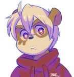  2020 anthro blonde_hair clothing dandi dandi_(character) frown giant_panda hair hoodie male mammal portrait red_clothing red_eyes simple_background topwear ursid 