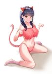  1girl absurdres animal_ears bikini black_hair braid breasts brown_eyes cat_ears cat_tail cielo_(cielo000328) collarbone commentary_request earrings full_body hair_over_shoulder highres jewelry large_breasts long_hair looking_at_viewer navel original paw_pose paw_print pink_bikini pink_legwear polka_dot simple_background socks solo squatting swimsuit tail twin_braids white_background 