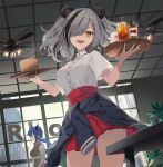  2girls :d alternate_costume amuri animal_ears arknights bamboo_steamer bear_ears black_hair blue_hair breasts brown_eyes cafe ceiling_fan ceiling_light ch&#039;en_(arknights) clothes_around_waist coffee_mug collared_shirt cup feater_(arknights) grey_hair hair_over_one_eye high-waist_skirt holding holding_tray horns iced_tea indoors looking_at_viewer low_twintails medium_breasts mug multicolored_hair multiple_girls open_mouth parfait pleated_skirt red_eyes red_skirt shirt short_sleeves short_twintails skirt smile solo_focus streaked_hair table tray twintails two-tone_hair upper_teeth waitress white_shirt 