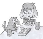  2018 alpha_channel avian bird corvid corvus_(genus) date eating female feral food hilda_(series) human kaisa_(hilda) mammal monochrome monster_energy oscine passerine raven seab simple_background sketch sushi the_great_raven_(hilda) transparent_background 