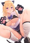  1girl animal_ears ass black_bra black_footwear black_panties black_skirt blonde_hair bow bowtie bra breasts cameltoe cat_ears cat_girl cat_tail cleavage from_below gloves hicha_nomu highres large_breasts loafers long_hair looking_at_viewer open_clothes open_mouth open_shirt original panties paw_gloves paws plaid plaid_skirt purple_eyes shirt shoes simple_background skirt socks solo squatting string_bra sweat tail thighs underwear white_background white_legwear white_shirt 