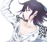  1boy bangs black_hair checkered checkered_background checkered_neckwear checkered_scarf collarbone danganronpa_(series) danganronpa_v3:_killing_harmony hair_between_eyes half-closed_eye highres jacket kuangtai_(amami_ryoko) long_sleeves looking_at_viewer lying male_focus on_back ouma_kokichi purple_hair scarf shiny shiny_hair solo upper_body white_jacket 