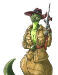  anthro apode breasts cleavage clothed clothing coat draconcopode ewgengster_(artist) fedora female green_body green_eyes green_scales gun hat headgear headwear hi_res legless naga non-mammal_breasts owen_gun ranged_weapon reptile scales scalie serpentine simple_background snake solo submachine_gun topwear trenchcoat weapon white_background 