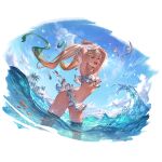  1girl :d armpits arms_up ass_visible_through_thighs bangs bikini bikini_skirt bird blonde_hair blue_eyes blue_sky blush cloud dark_skin dark_skinned_female day fish fisheye gradient_hair granblue_fantasy green_hair io_euclase lips long_hair looking_at_viewer minaba_hideo multicolored_hair navel ocean official_art open_mouth outdoors palm_tree parted_bangs shirt_lift sky smile solo standing swimsuit transparent_background tree twintails upper_teeth very_long_hair wading water wet 