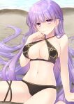  1girl absurdly_long_hair absurdres beach bikini black_bikini breasts cleavage collarbone commission commissioner_upload eyebrows_visible_through_hair fire_emblem fire_emblem:_the_binding_blade fujiwara_minaho hand_on_own_face highres huge_filesize large_breasts long_hair navel ocean purple_eyes purple_hair sand shore sitting smile solo sophia_(fire_emblem) swimsuit thigh_strap underboob very_long_hair water 