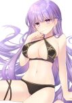  1girl absurdly_long_hair absurdres bikini black_bikini breasts cleavage collarbone commission commissioner_upload eyebrows_visible_through_hair fire_emblem fire_emblem:_the_binding_blade fujiwara_minaho hand_on_own_face highres large_breasts long_hair navel purple_eyes purple_hair sitting smile solo sophia_(fire_emblem) swimsuit thigh_strap transparent_background underboob very_long_hair 