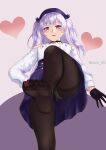  1girl ajax_(azur_lane) ajax_(valentine&#039;s_reward?)_(azur_lane) artist_name azur_lane bare_shoulders black_choker black_gloves black_legwear candy chocolate chocolate_heart choker crotch_seam dress eyebrows_visible_through_hair food foot_up from_below gloves hand_on_hip happy_valentine hat heart highres long_hair looking_at_viewer no_shoes open_mouth panties panties_under_pantyhose pantyhose pura_38 purple_eyes purple_hair purple_headwear ring_necklace simple_background soles solo standing standing_on_one_leg thighband_pantyhose twintails underwear valentine white_panties 
