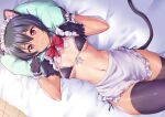  animal_ears apron bikini_top black_hair blush catgirl dark_skin headband kanabun maid navel original red_eyes short_hair tail thighhighs 