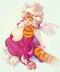  anthro big_breasts bow_(disambiguation) breasts butt buxbi buxbi_(character) chest_tuft claws clothed clothing colored_nails curvy_figure digital_media_(artwork) facial_markings feathered_wings feathers feet felid female fur gloves hair handwear head_markings highlights_(coloring) leg_tuft legwear looking_back mammal markings nails pantherine pasties pawpads pink_hair pink_highlights ribbons signature simple_background sitting sitting_on_legs smile solo striped_body striped_fur striped_tail stripes tail_bow tail_ribbon thick_thighs tiger toe_claws toes topwear tuft voluptuous white_background white_hair wings yellow_eyes 