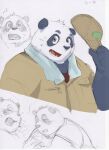  2016 absurd_res anthro blush bodily_fluids clothing eyes_closed giant_panda hat headgear headwear hi_res kita_9999 male mammal overweight overweight_anthro overweight_male shirt solo sweat teeth topwear towel ursid 