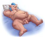  2021 absurd_res anthro balls bed blue_hair brown_body flaccid furniture genitals gouryou hair hi_res humanoid_genitalia humanoid_hands humanoid_penis lying male mammal moobs nipples overweight overweight_anthro overweight_male penis pillow snowhip solo suid suina sus_(pig) tokyo_afterschool_summoners tongue tongue_out video_games wild_boar 