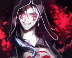  1boy blue_hair bodypaint closed_mouth cu_chulainn_(fate)_(all) cu_chulainn_alter_(fate/grand_order) dark_persona earrings facepaint fate/grand_order fate_(series) grin hood hood_up jewelry koshika_rina long_hair looking_at_viewer male_focus ponytail red_eyes sharp_teeth smile solo teeth twitter_username 